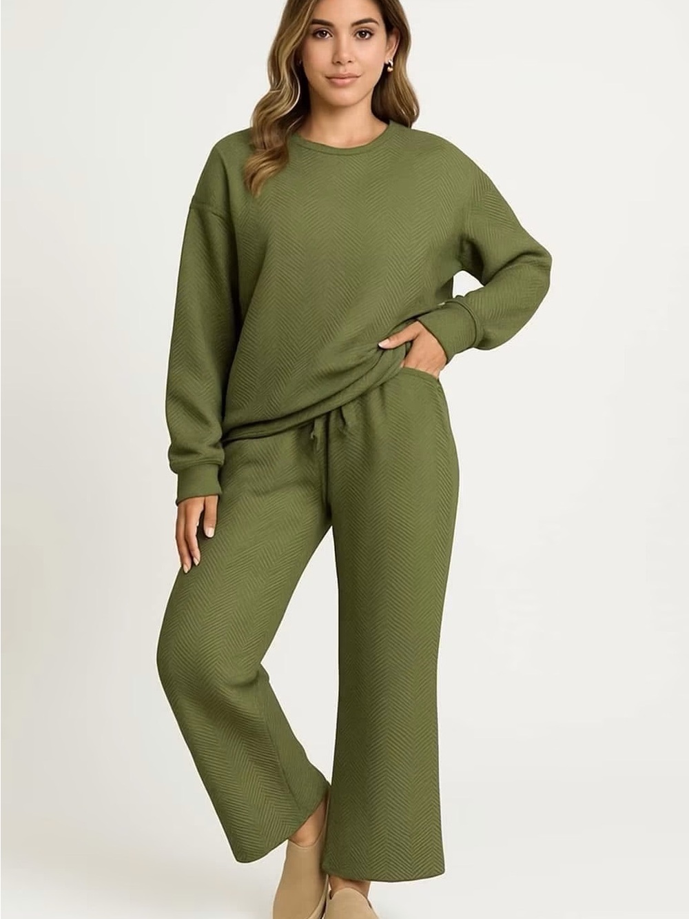 Olive Green Wide-Leg Knit Pant Set - Women